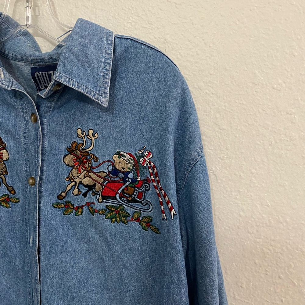 Vintage- embroidered denim button up -Christmas